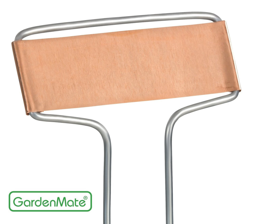 GardenMate banner copper metal plant labels, 10.5-inch height, ideal for durable garden tagging.