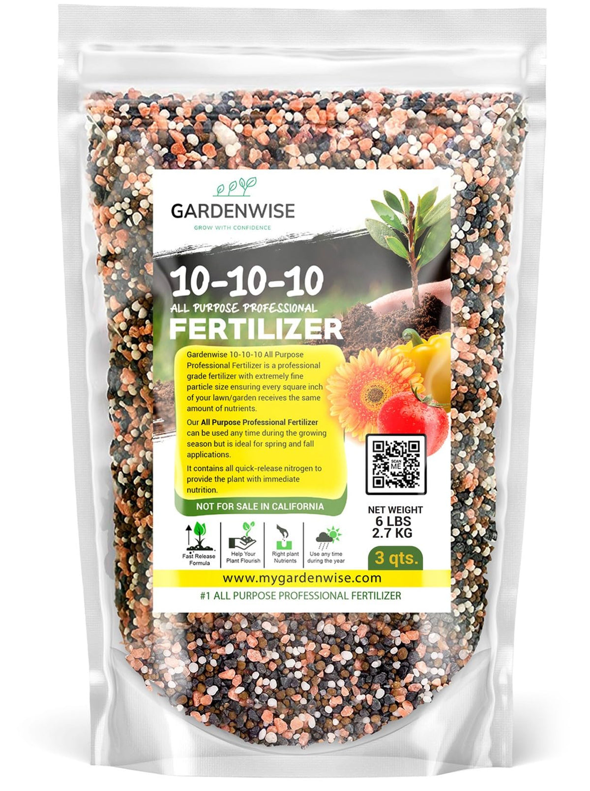GardenWise 10-10-10 fertilizer bag 3qt provides balanced nutrition for diverse plants.