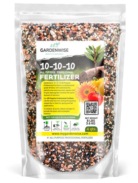 GardenWise 10-10-10 fertilizer bag ready for outdoor feeding of vegetables.