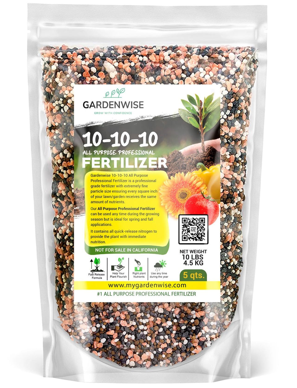 GardenWise 10-10-10 granules spread evenly for steady outdoor feeding.