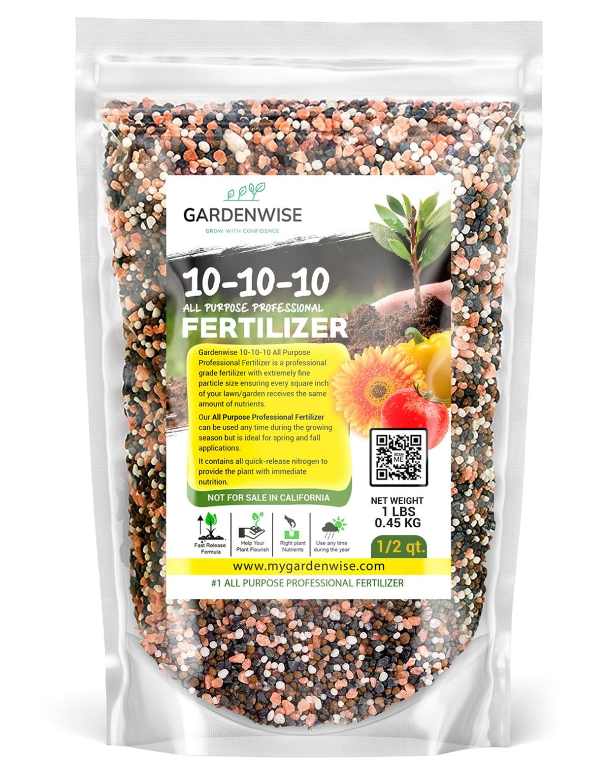 GardenWise 10-10-10 fertilizer granules for even outdoor feeding and healthier roots.