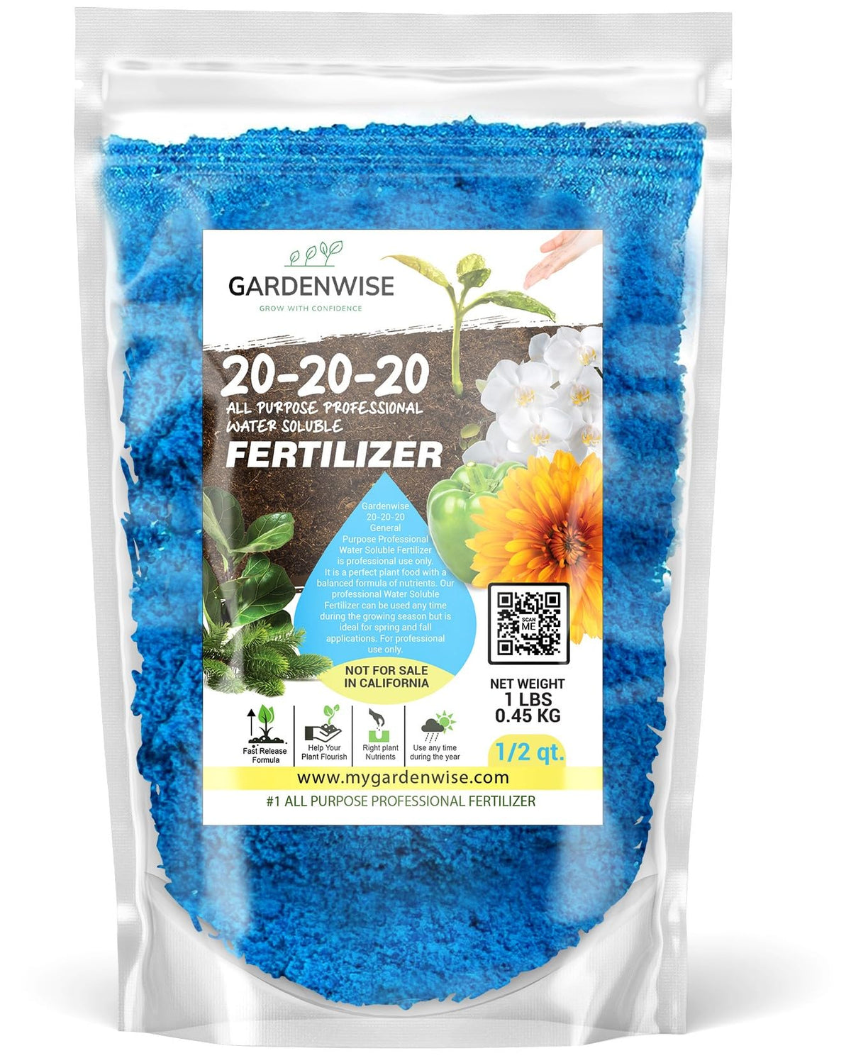 Gardenwise 20-20-20 water-soluble fertilizer bottle for balanced plant nutrition.