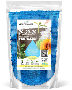 Gardenwise 20-20-20 water-soluble fertilizer bottle for balanced plant nutrition.