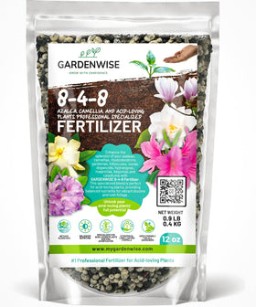 GardenWise 8-4-8 fertilizer bag ready for use on acid-loving plants