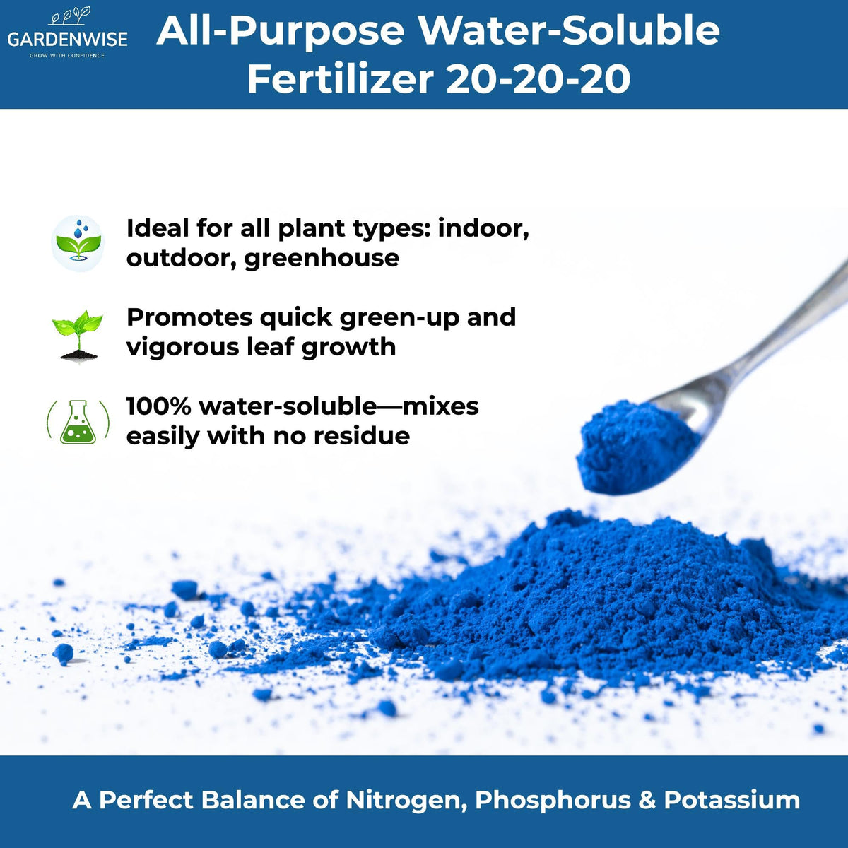 Gardenwise water-soluble fertilizer ready for indoor and outdoor plant care.