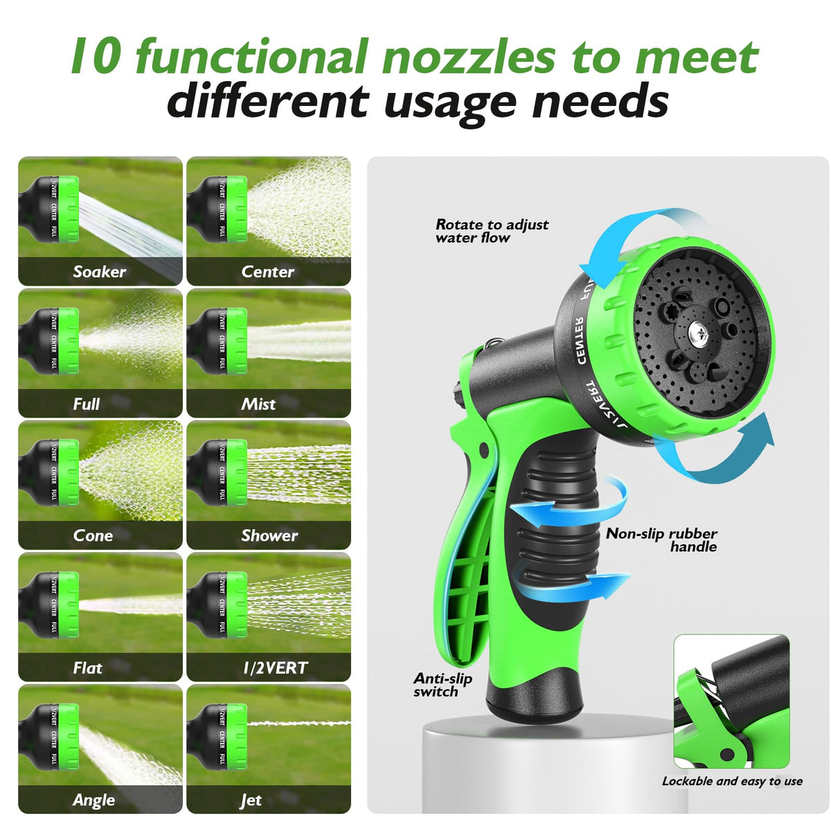 GARDENWORK 10-function nozzle demonstrates versatile spray patterns for plants and patios.