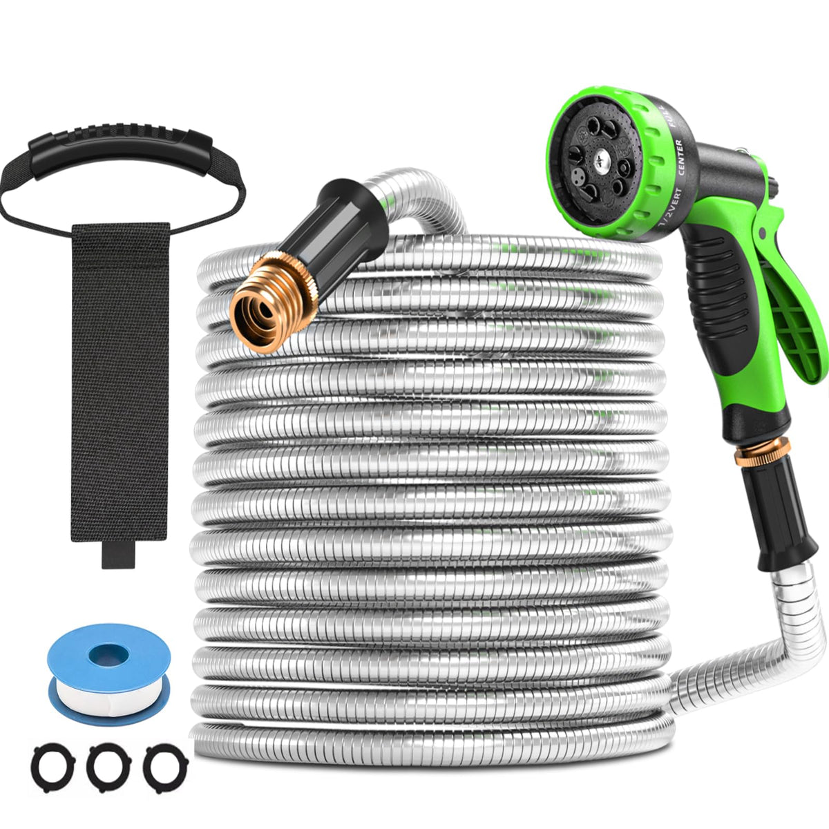 GARDENWORK 75ft stainless steel hose ready for outdoor watering and durability.