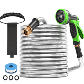 GARDENWORK 75ft stainless steel hose ready for outdoor watering and durability.