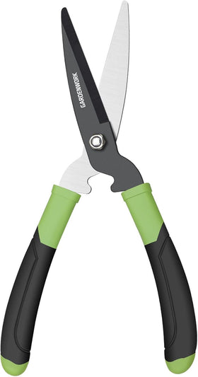 Gardenwork hedge clippers with teflon-coated blade for smooth anti-stick cuts.