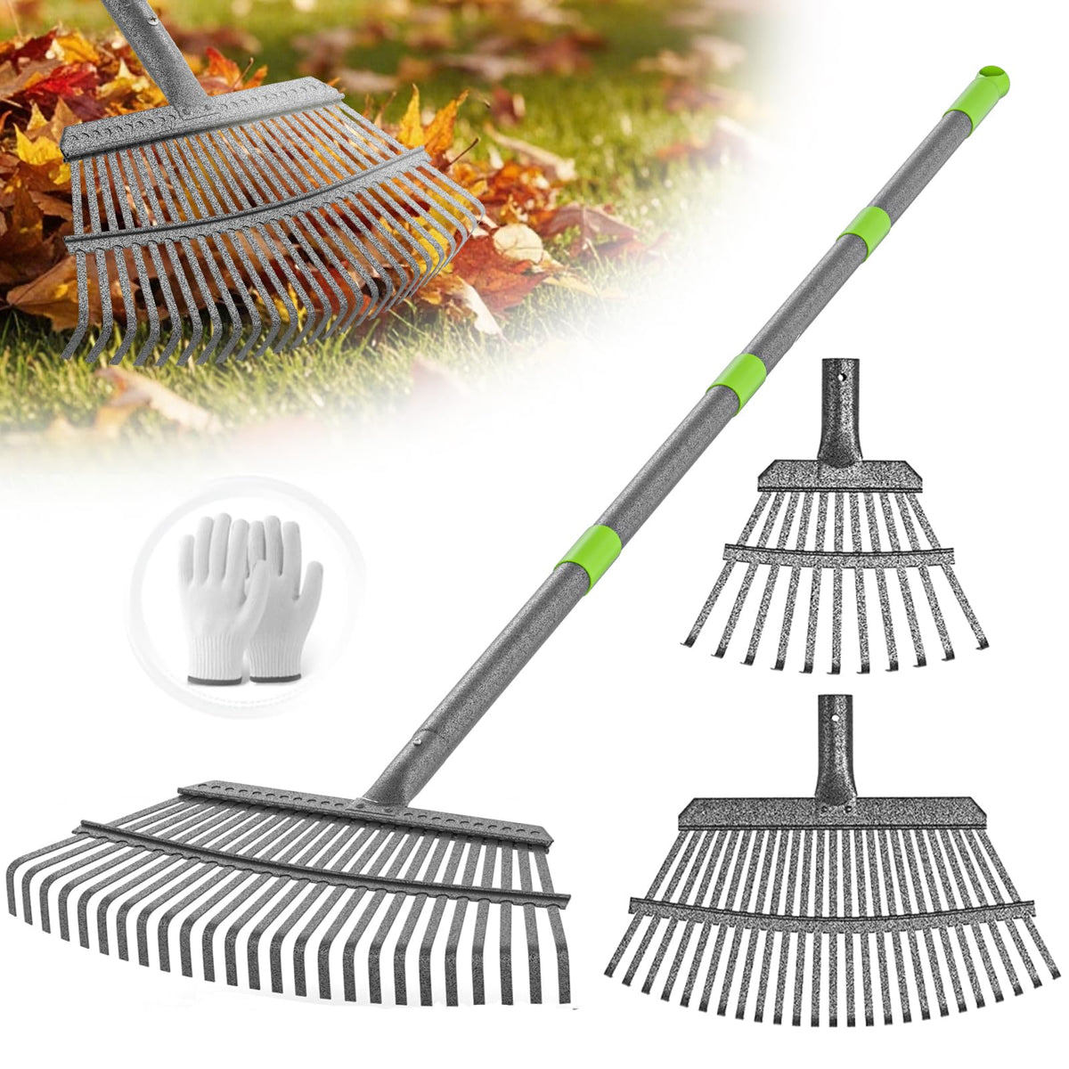 GARDENWORK leaf rake with 36-73 inches adjustable handle for comfortable lawn clearing