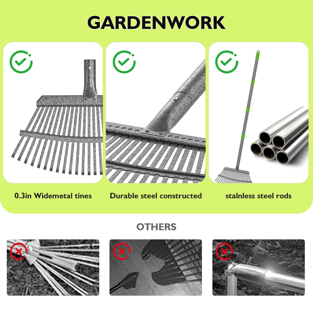 GARDENWORK leaf rake heavy steel handle resists bending during frequent use