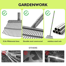 GARDENWORK leaf rake heavy steel handle resists bending during frequent use