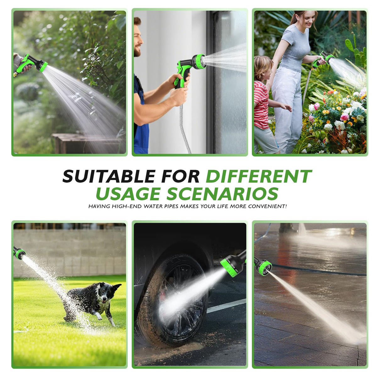 GARDENWORK outdoor ready hose supports gardening and patio car cleaning.