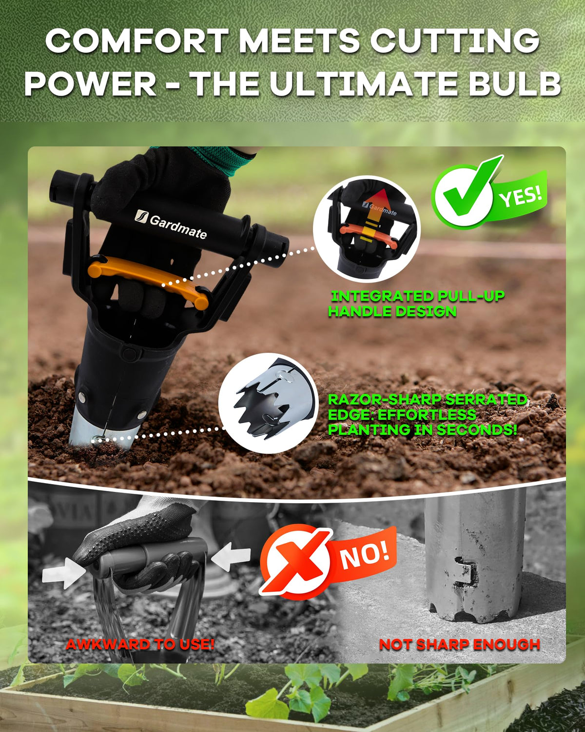 Gardmate Bulb Planter Tool ergonomic handle for comfortable, controlled planting sessions.