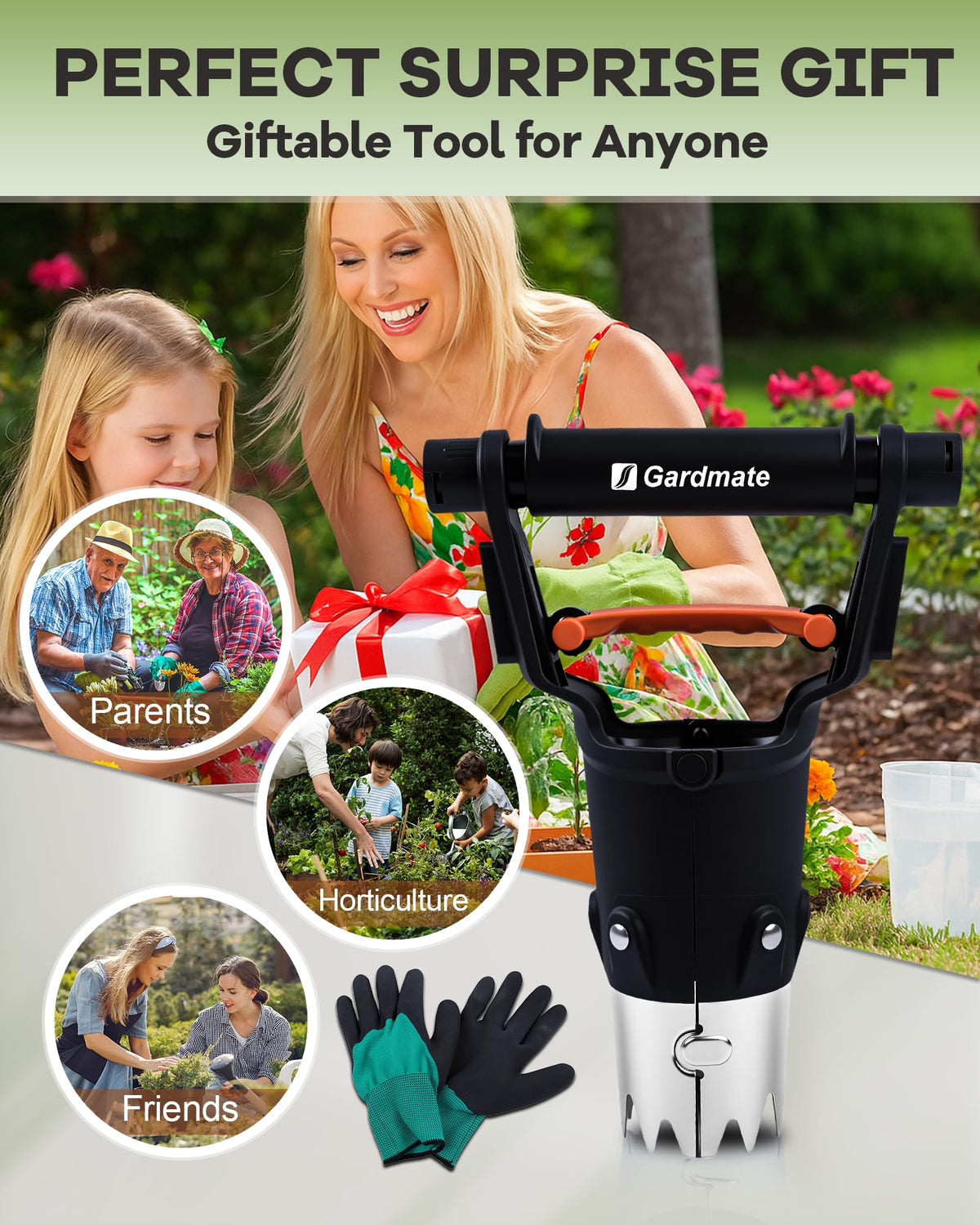 Gardmate Bulb Planter Tool includes gloves and brush for tidy, ready-to-plant sessions.