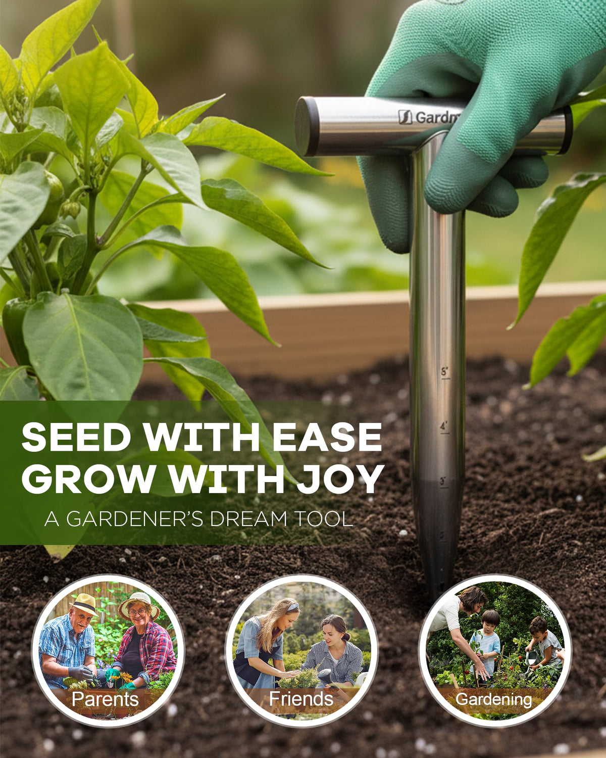 Gardmate penetrates hard clay soil with solid steel construction for easier planting.