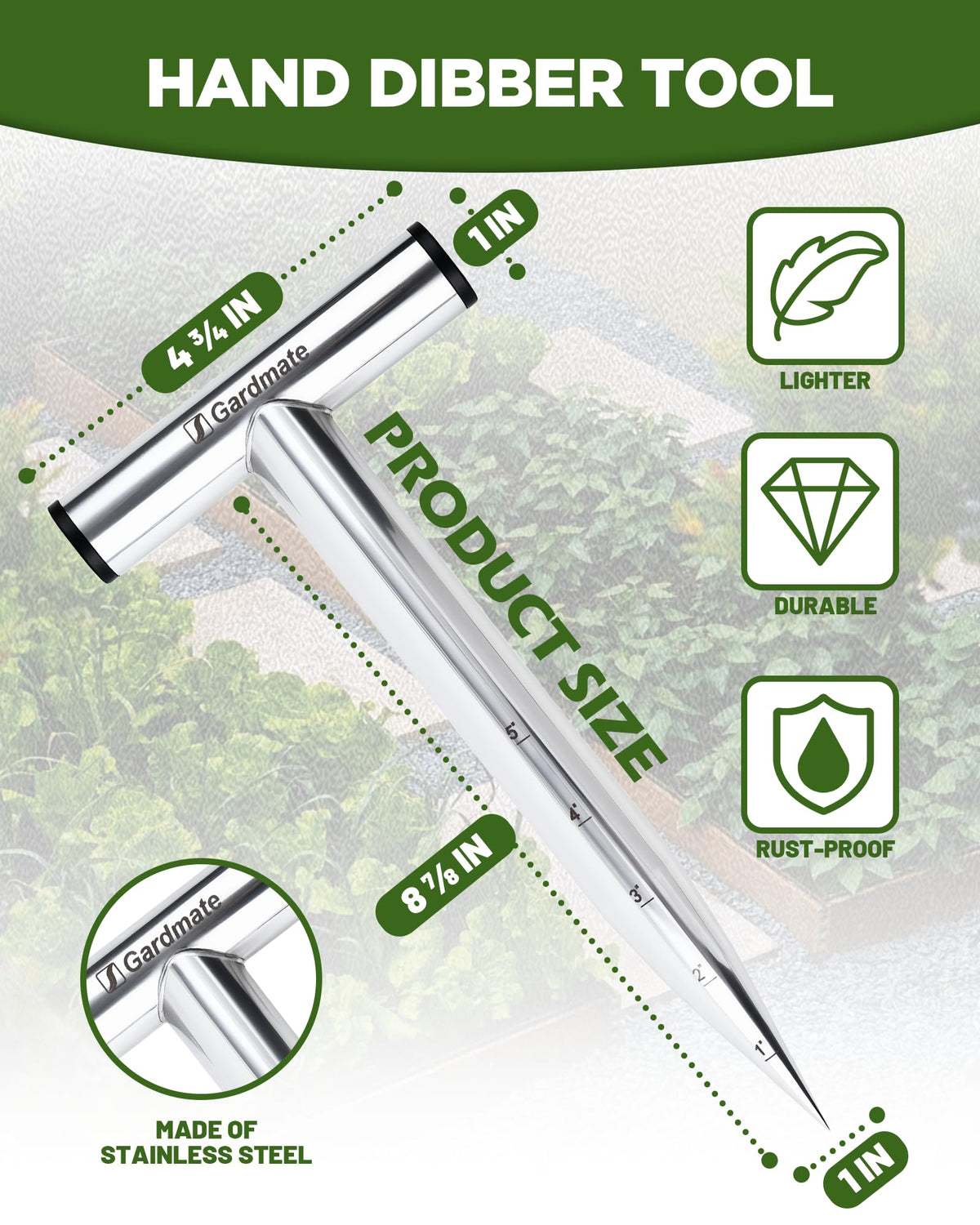 Gardmate T-handle ergonomic dibber offers secure grip for comfortable planting sessions.
