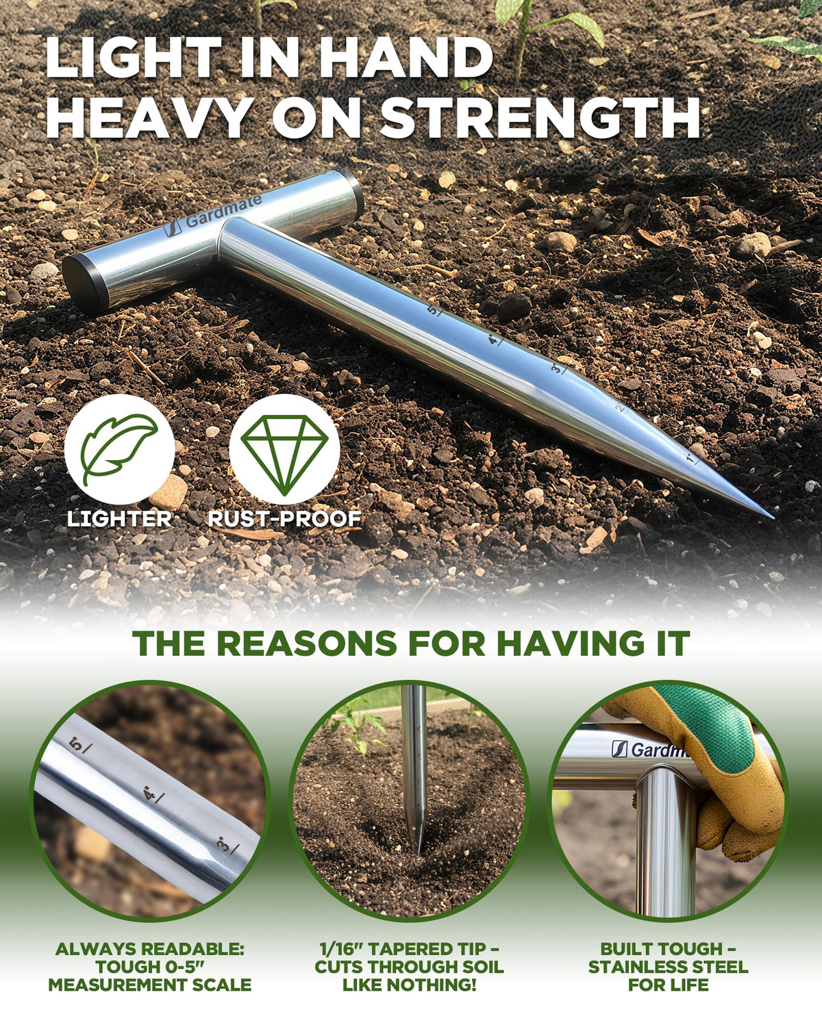 Gardmate ultra-lightweight dibber at 0.5 lb reduces fatigue during long gardening.