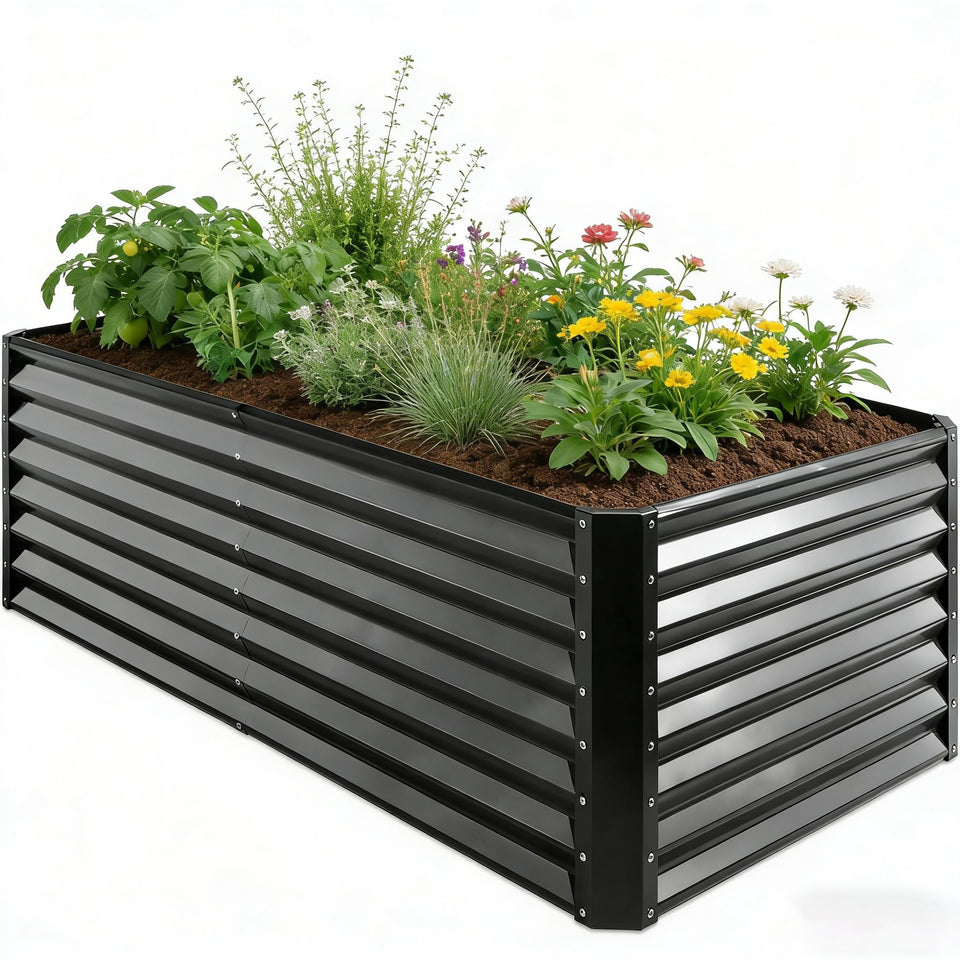 GardMax raised bed side view demonstrates durable galvanized metal for outdoors.