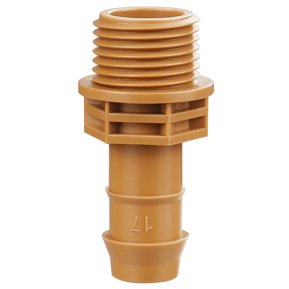 Gardrip half-inch MNPT adapter close-up showing barbed coupling for secure irrigation.