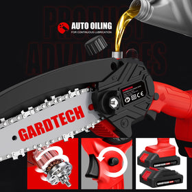 Gardtech Mini Chainsaw auto oiling keeps cuts smooth.