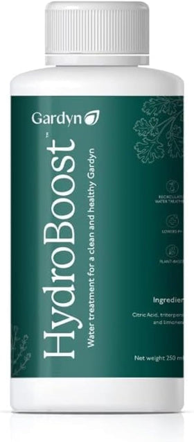 Gardyn HydroBoost bottle front view; easy dosing for cleaner, balanced hydroponic water.