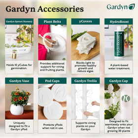 Gardyn HydroBoost with thriving plants; visual cue of a healthy Gardyn garden.