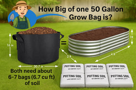 Gardzen 50-gallon grow bag with diameter and height info for planning plant stages