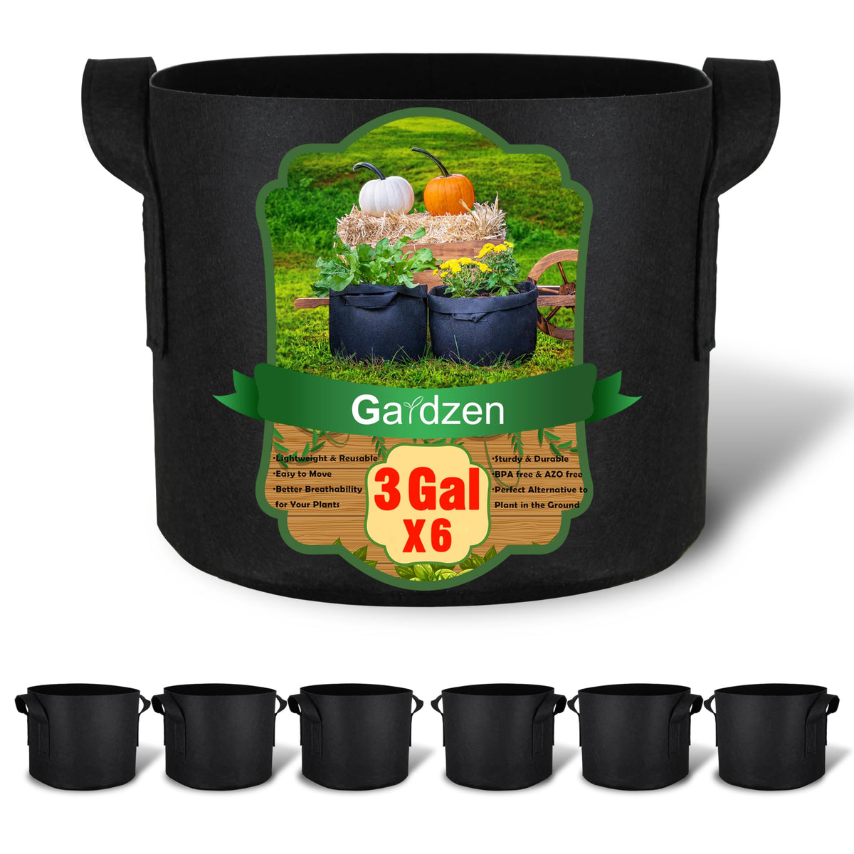 Gardzen 6-pack 3-gallon grow bag with sturdy handles for easy relocation
