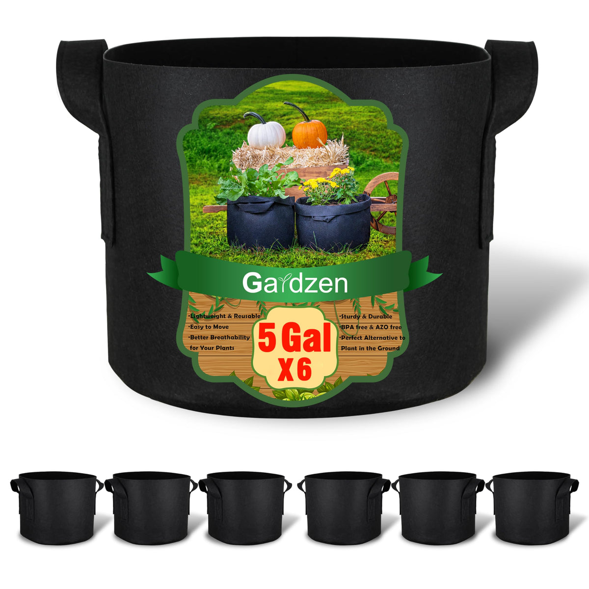 Gardzen 6-pack 5-gallon grow bags stacked for space-saving storage.