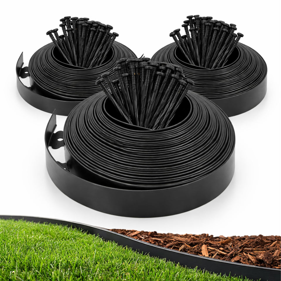 Gardzen landscape edging shows 1.5-inch height and 33 ft length for flexible lawn borders.