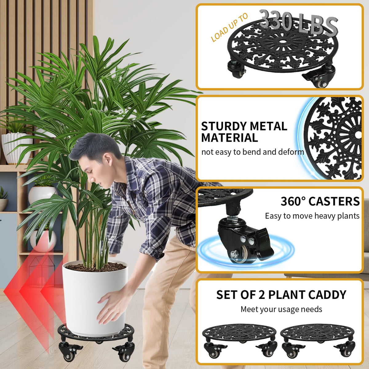 GARGENTOL 360-degree lockable casters keep plants secure when stopped.