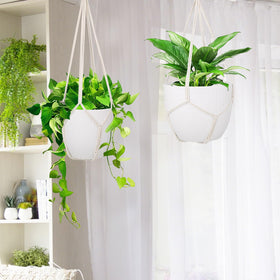 Garini easy-install macrame hanger saves space while showcasing pots.