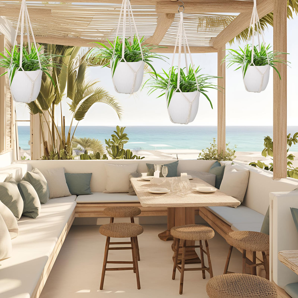 Garini ivory cotton macrame hanger adds natural texture to any room.