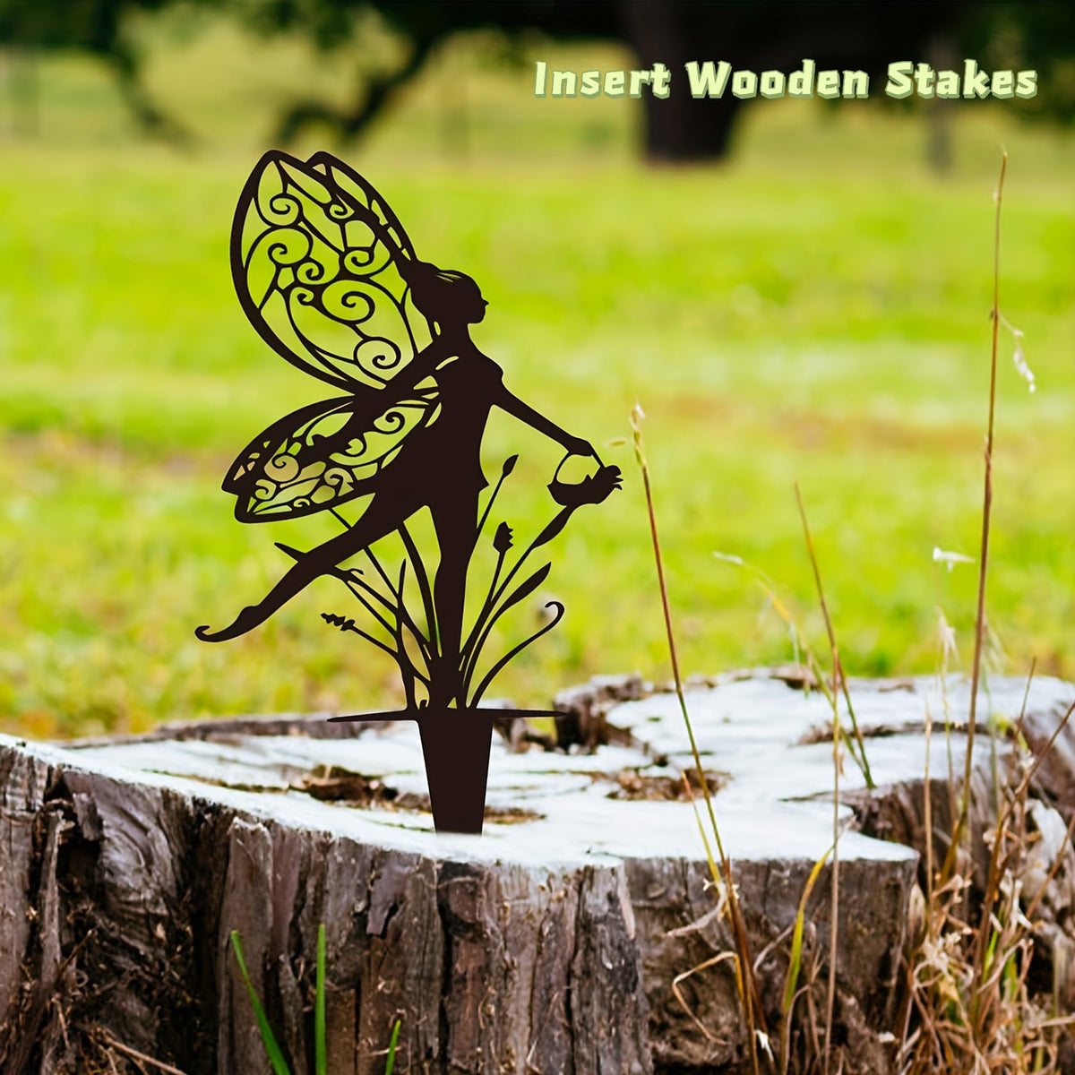 Garkup fairy garden stake gnome-guide adds whimsy near plants.
