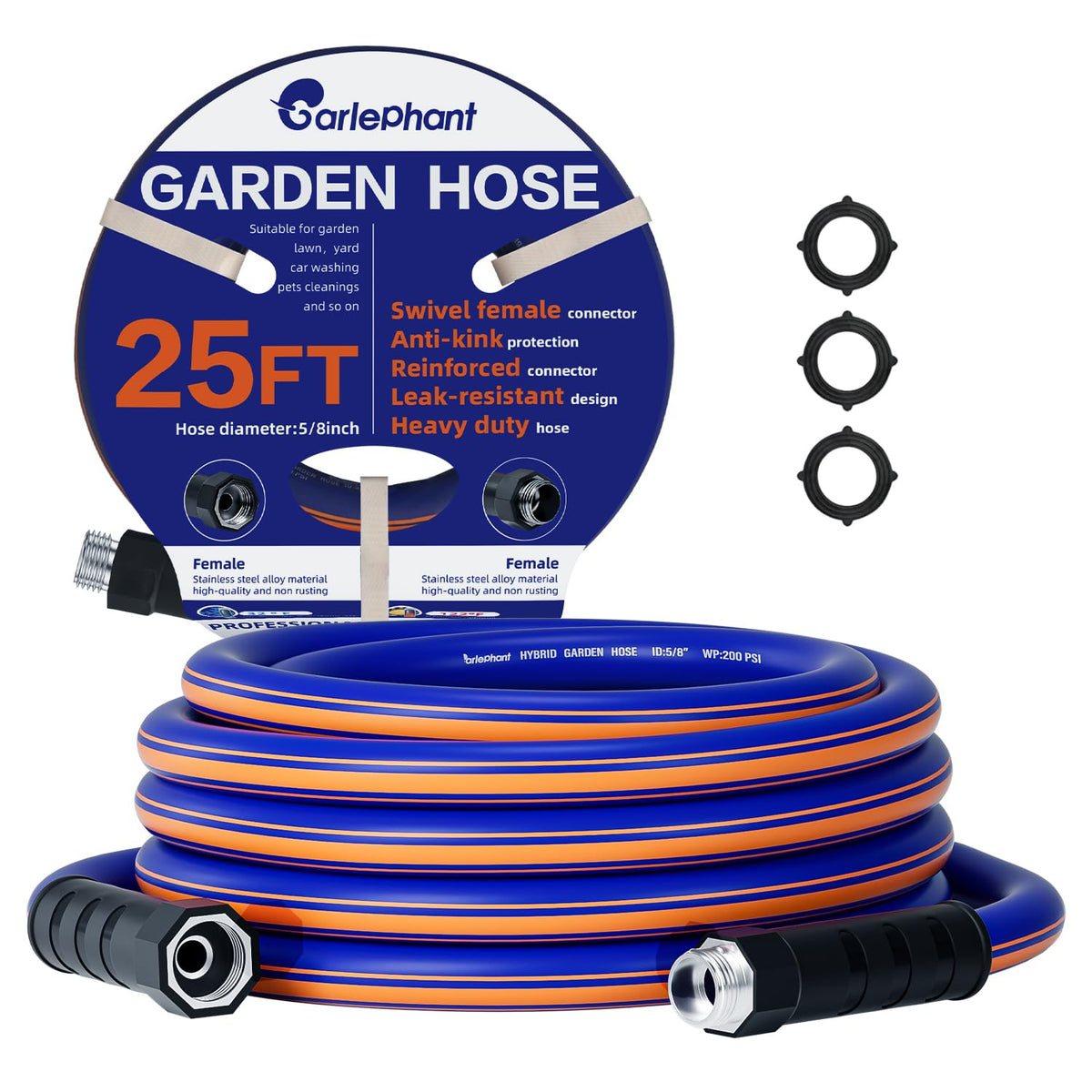 Garlephant garden hose 25ft with 3-layer braided construction for durability.