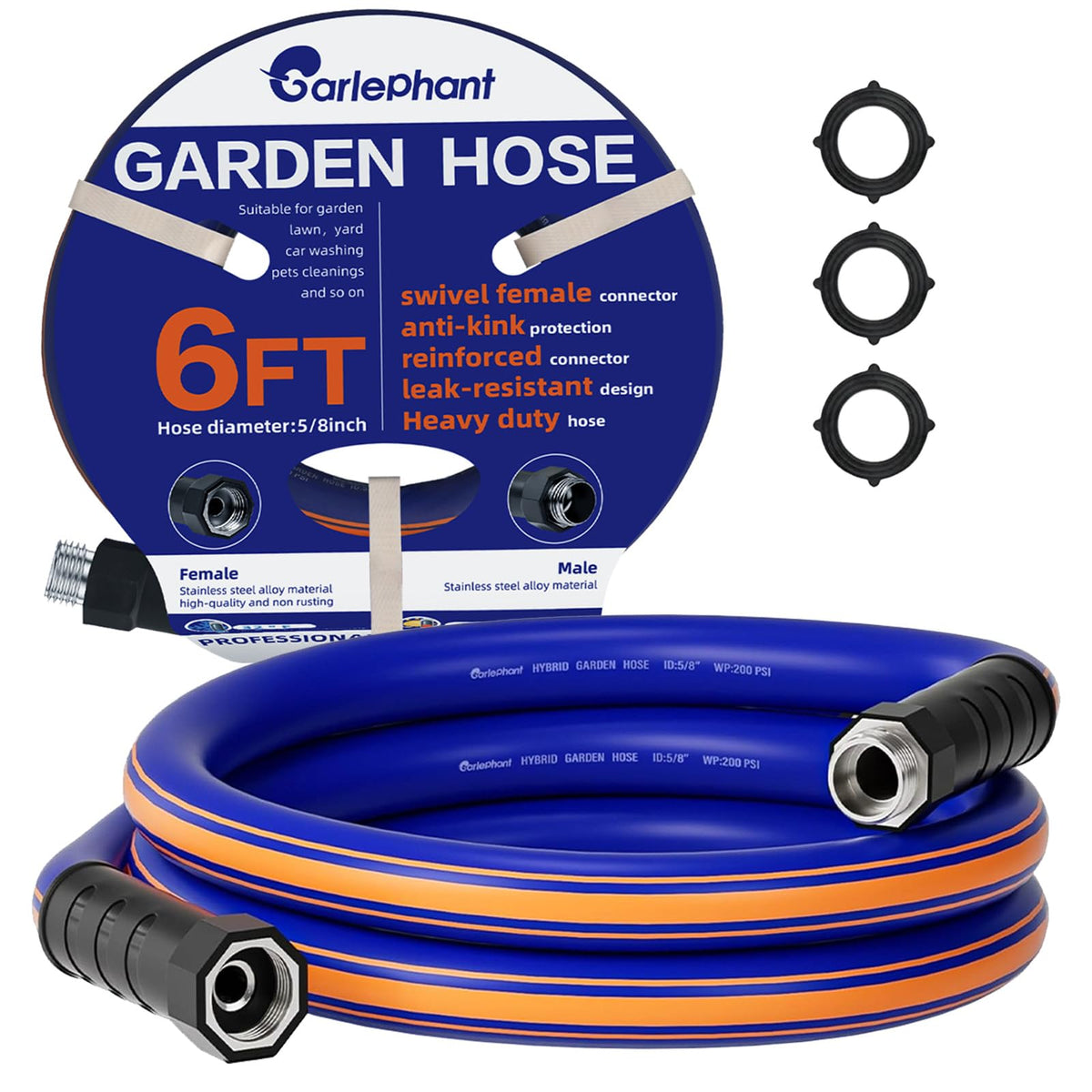 Garlephant short garden hose 6ft 5/8in coil for easy storage and quick watering.