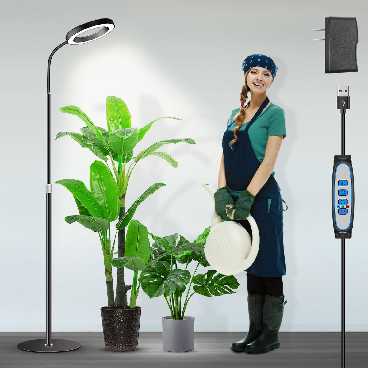 Garpsen Grow Light on a floor stand provides even illumination for large indoor plants.