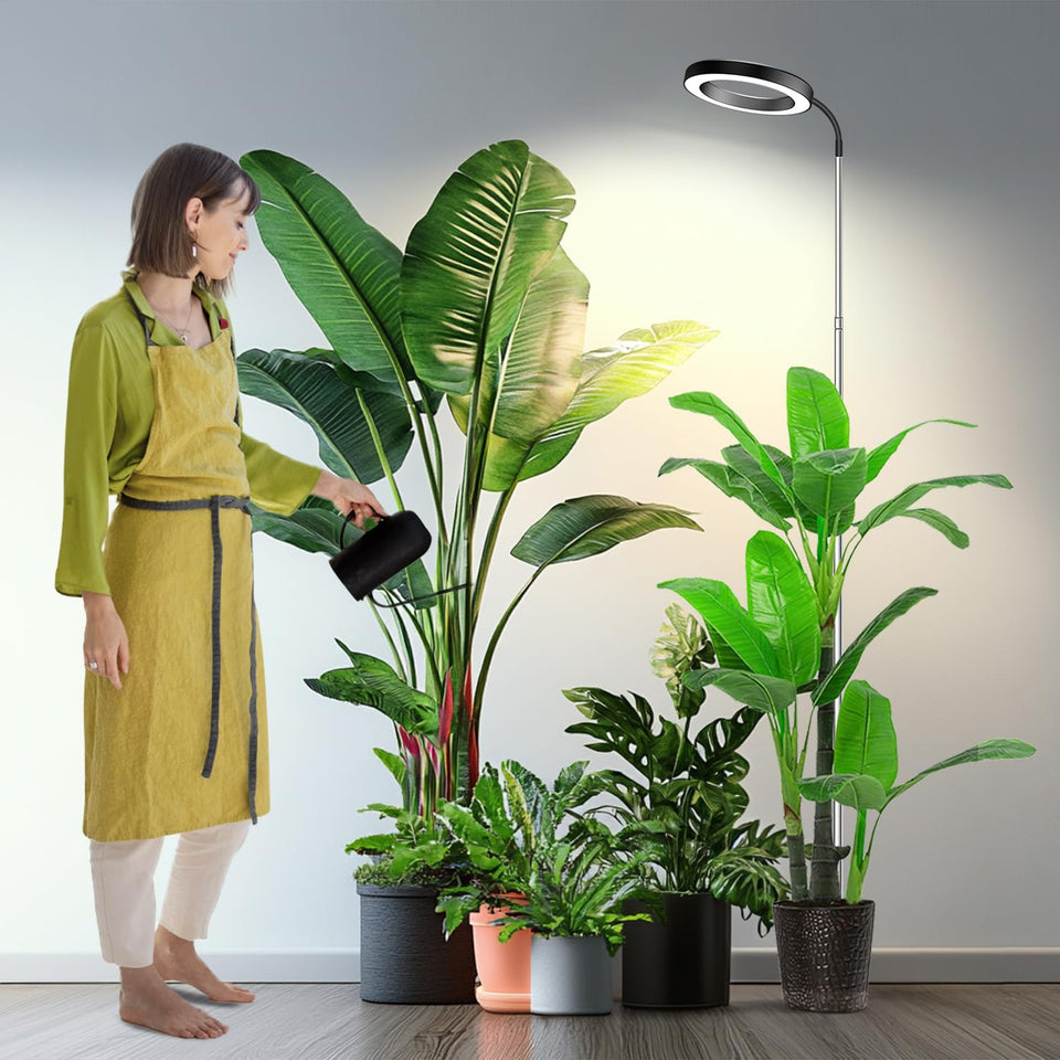 Garpsen grow light with full spectrum illumination and ring shade for bright indoor plant coverage