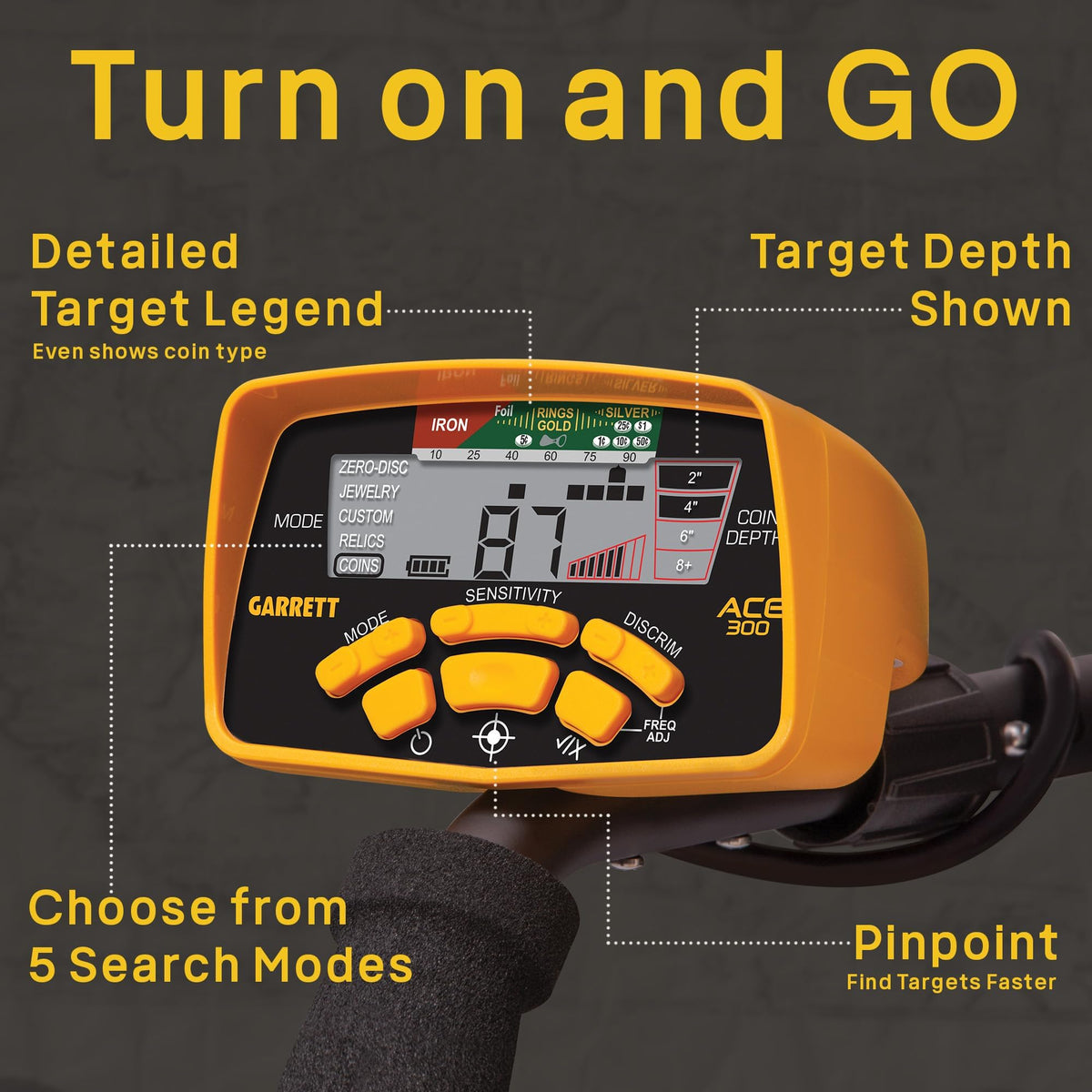 Garrett ACE 300 digital target ID display aids quick identification.