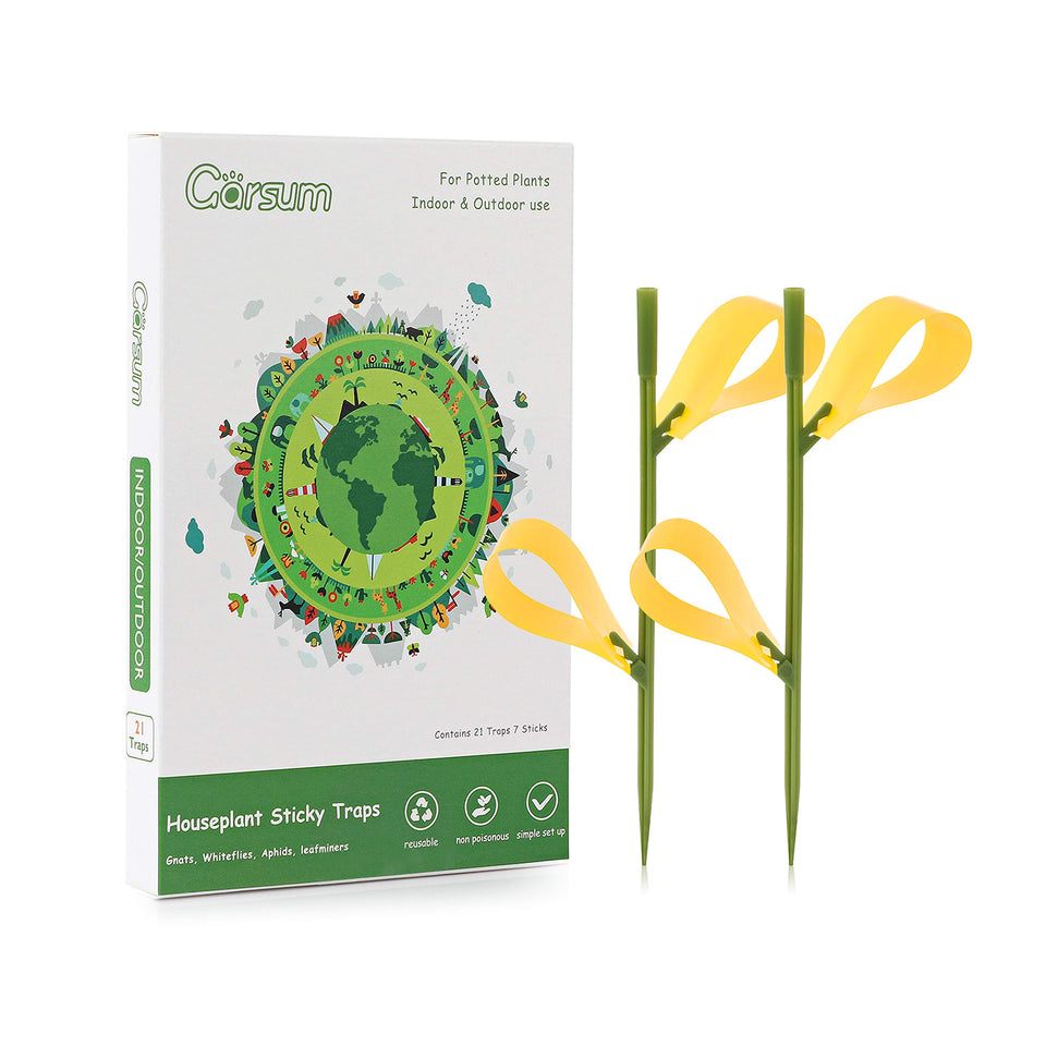 Garsum 21 Traps sticky yellow strip catching gnats on indoor houseplants