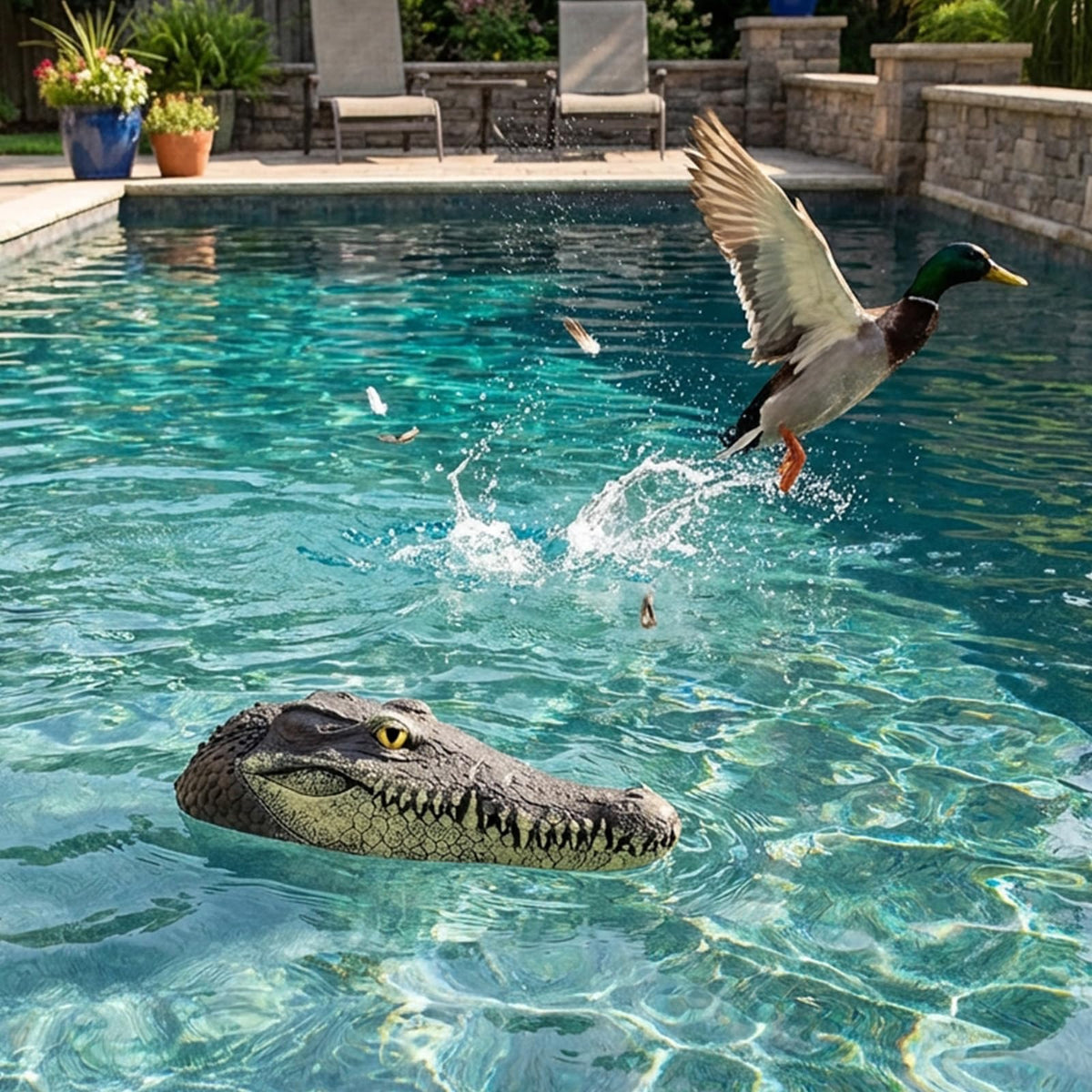 GARTENGERATE alligator head decoy enhances pool decor with lifelike motion.