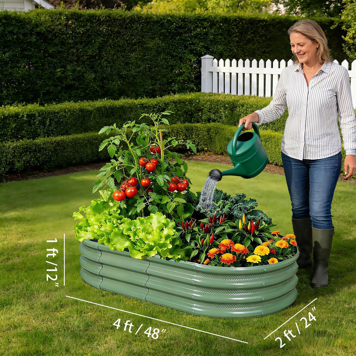 Gartist green oval raised bed side view highlights sturdy galvanized steel.
