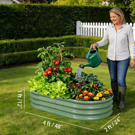 Gartist green oval raised bed side view highlights sturdy galvanized steel.