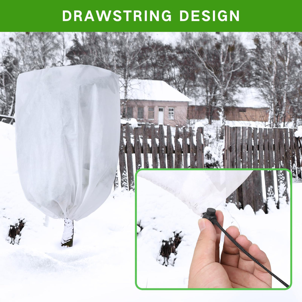 Garutom frost cloth shields shrubs and potted plants during harsh weather.