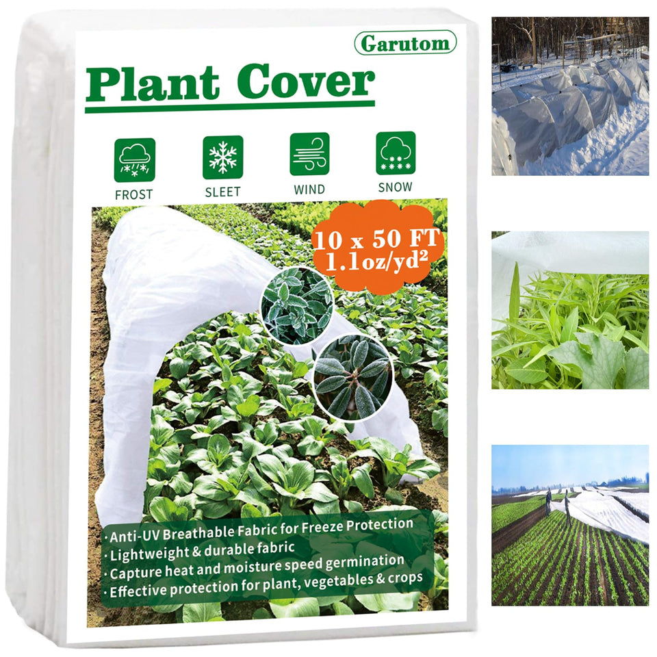 Garutom frost cover 10ft x 50ft roll shielding vegetables from frost and cold wind.