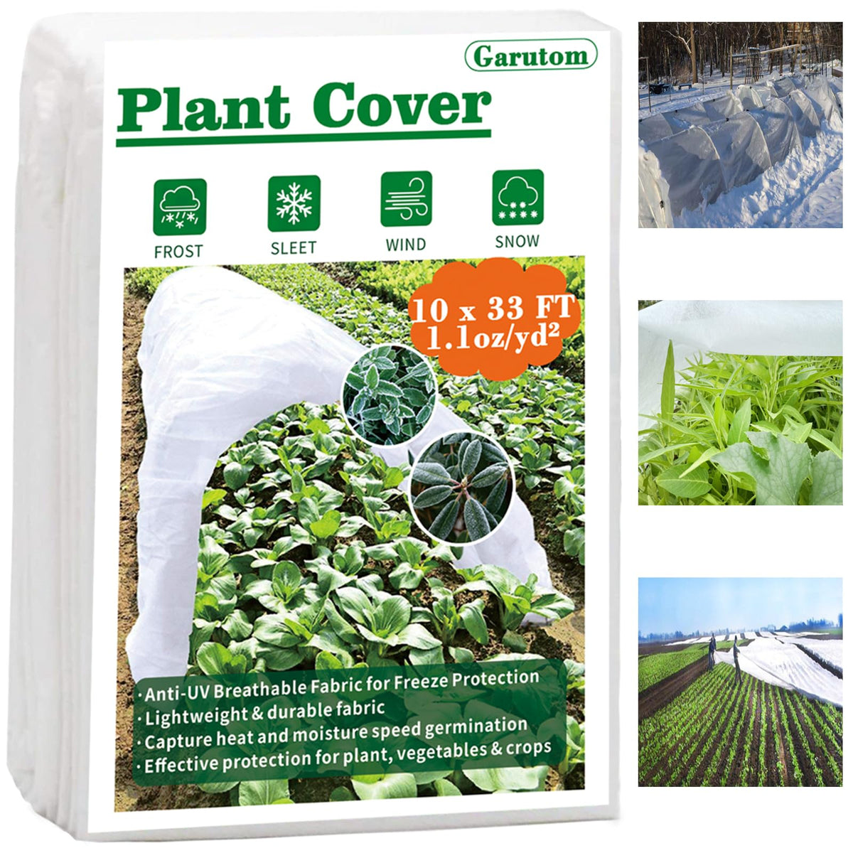 Garutom frost cover 10x33 setup over a garden bed shields vegetables.