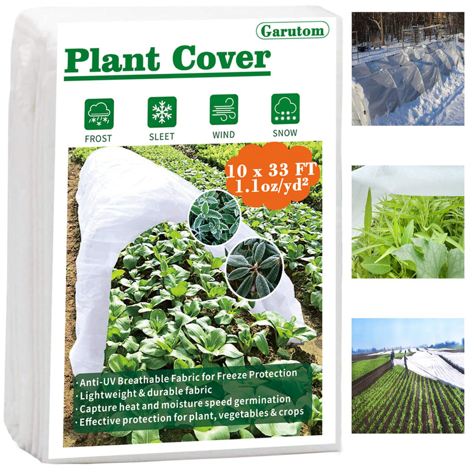 Garutom frost cover 10x33 setup over a garden bed shields vegetables.