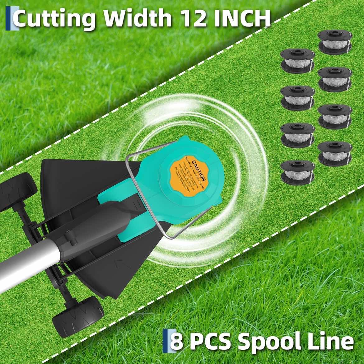 Garvee 12-inch cutting swath speeds up lawn trimming tasks.