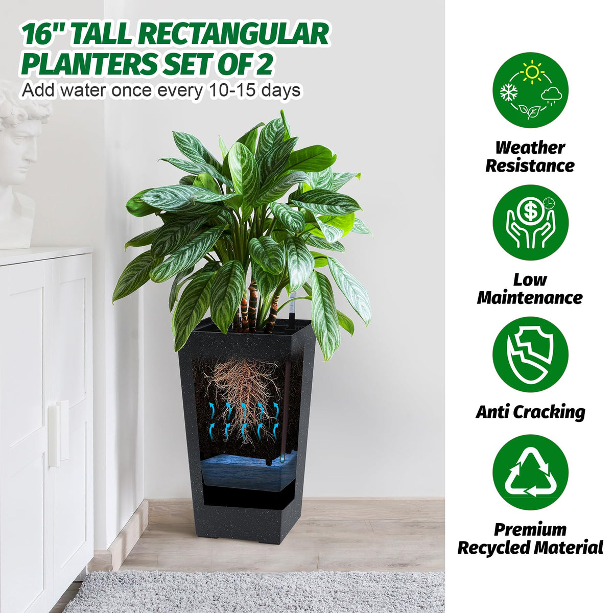 Garvee tall planter showing drainage holes and gutters for healthy roots.